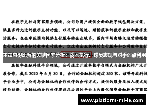 雷霆赢得比赛的关键因素分析：战术执行、球员表现与对手弱点利用