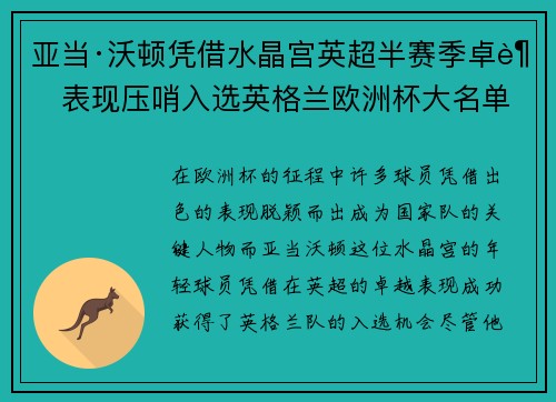 亚当·沃顿凭借水晶宫英超半赛季卓越表现压哨入选英格兰欧洲杯大名单 亚当·沃顿凭借水晶宫英超半赛季卓越表现压哨入选英格兰欧洲杯大名单