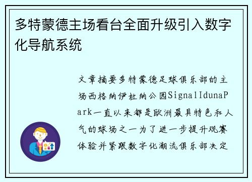 多特蒙德主场看台全面升级引入数字化导航系统